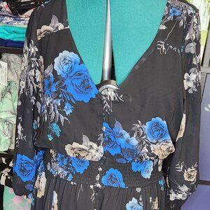 Black with blue floral pattern maxi dress size 18 in like-new condition
